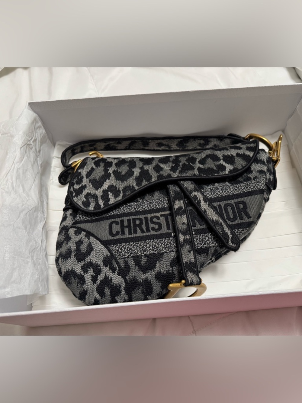 Christian Dior Grey Leopard Canvas Mizza Embroidered Saddlebag Gold Hardware